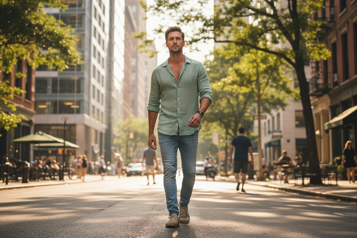 A man wearing a long-sleeve Tencel button-down shirt with the collar visible and sleeves casually rolled up walks through sunlit city streets in summer. No T-shirt underneath. The shirt has a woven, lightweight fabric structure — not knit, not sweatshirt. Breathable, cool, fluid movement. Natural daylight, modern urban setting. Editorial lifestyle photography, realistic, effortless mood.